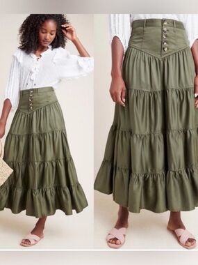 Anthropologie Lainey Olive Green Tiered Maxi Skirt 2. Yoke and Button waist.
